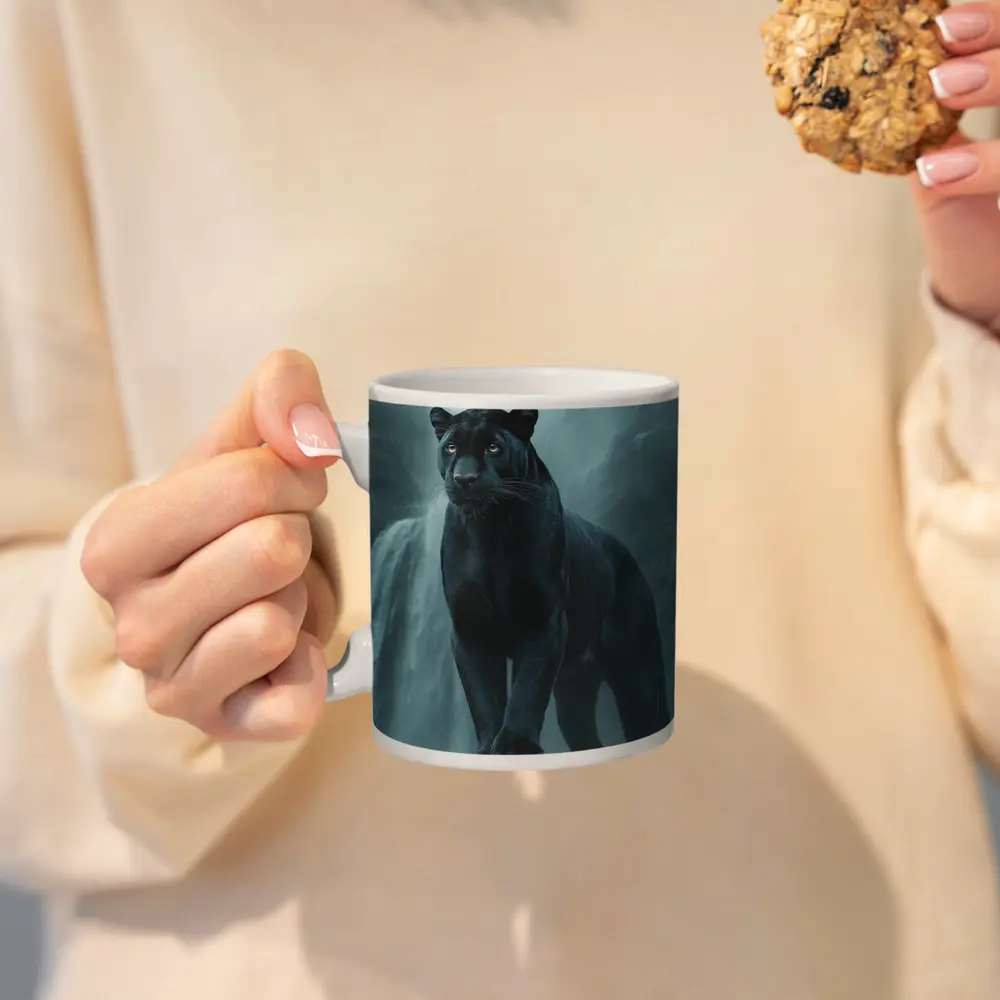 Black Panther Standing Before Misty Waterfall – Mugs