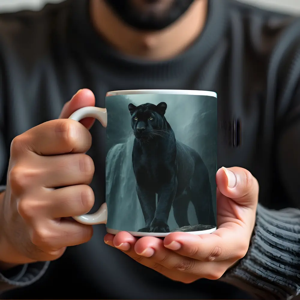Black Panther Standing Before Misty Waterfall – Mugs