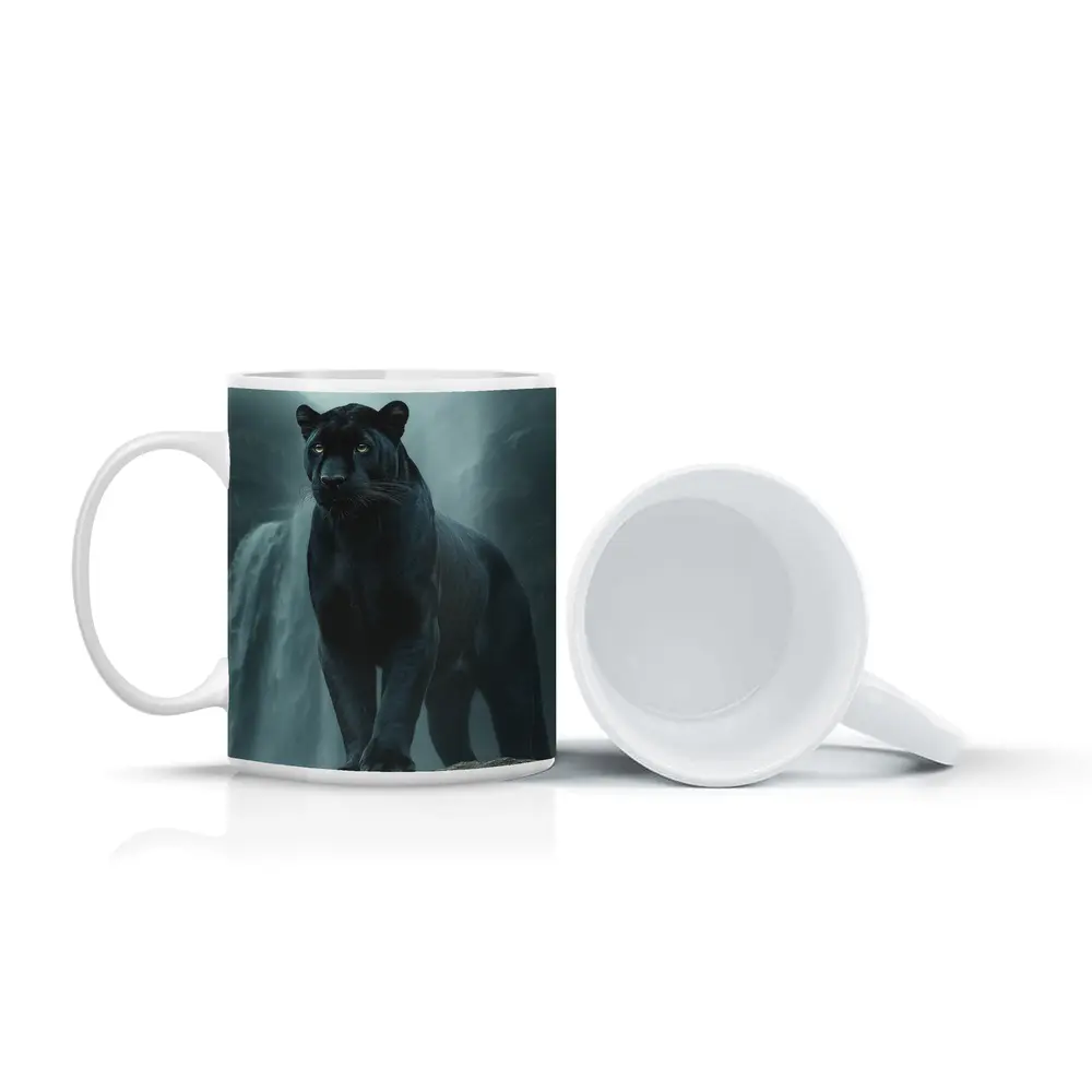 Black Panther Standing Before Misty Waterfall – Mugs