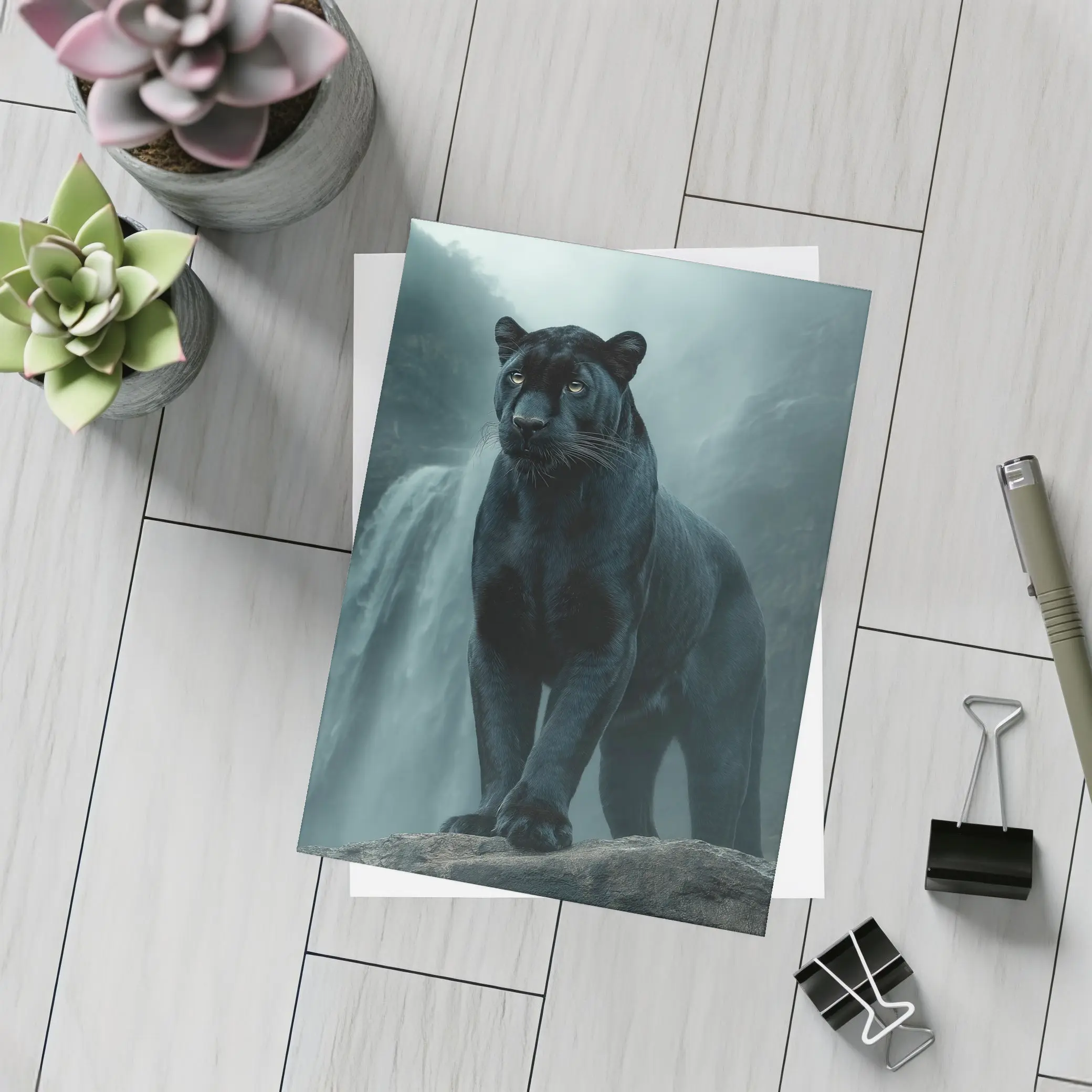 Black Panther Standing Before Misty Waterfall – Postcards