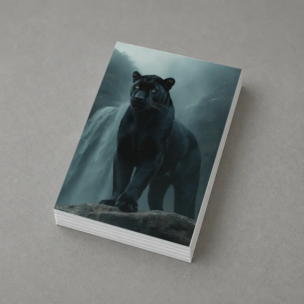 Black Panther Standing Before Misty Waterfall – Postcards