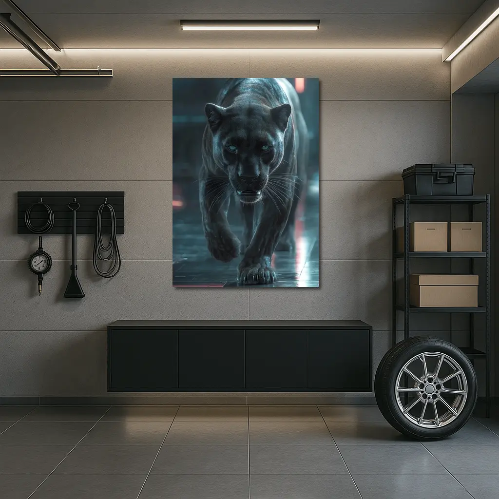 Black Panther Walking Futuristic Neon Environment – Wall Art