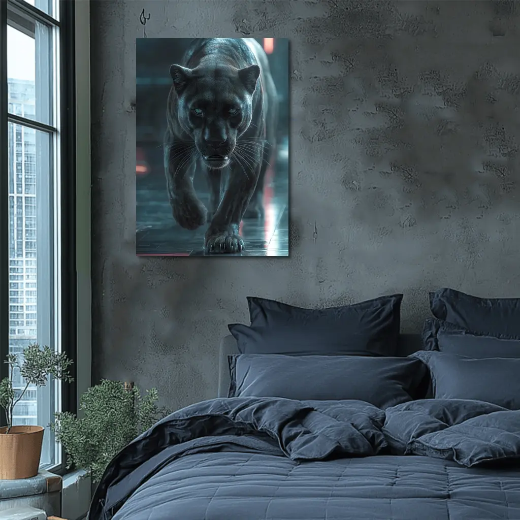 Black Panther Walking Futuristic Neon Environment – Wall Art