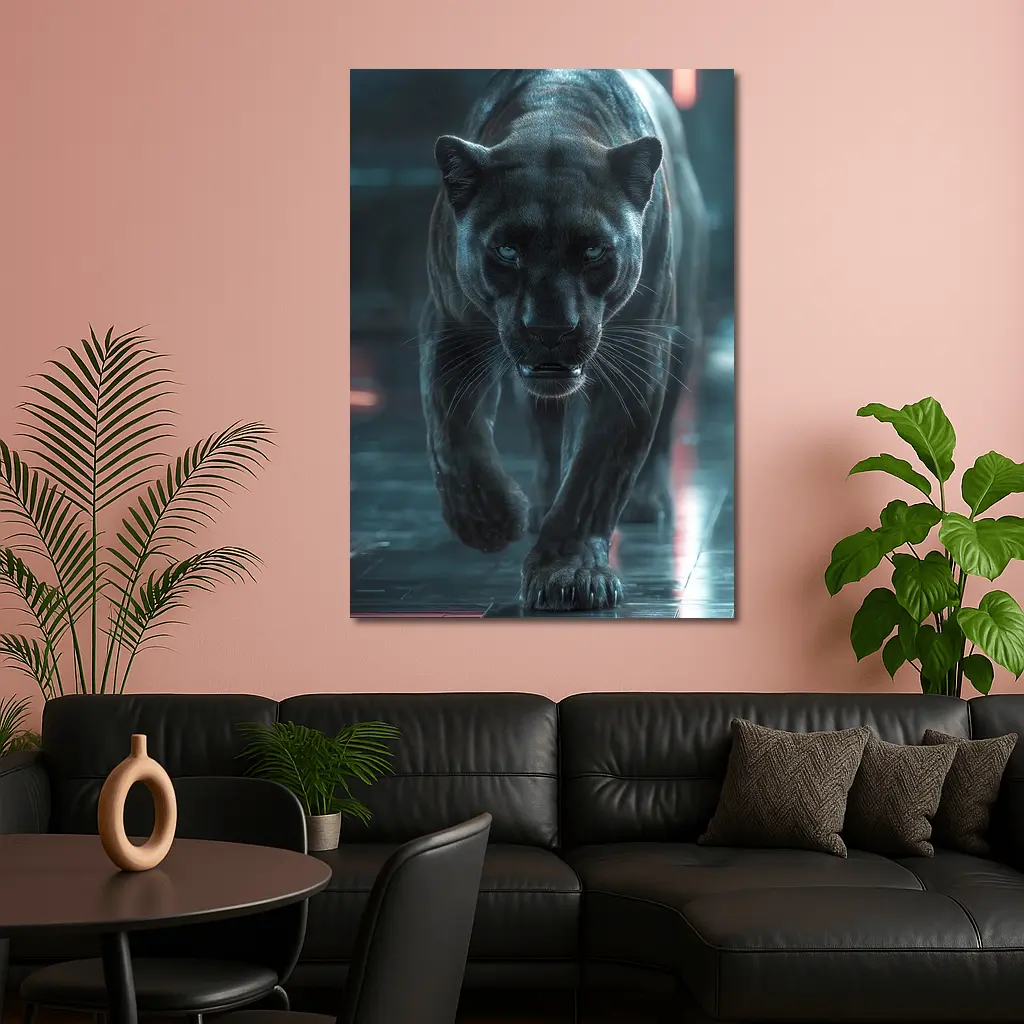 Black Panther Walking Futuristic Neon Environment – Wall Art