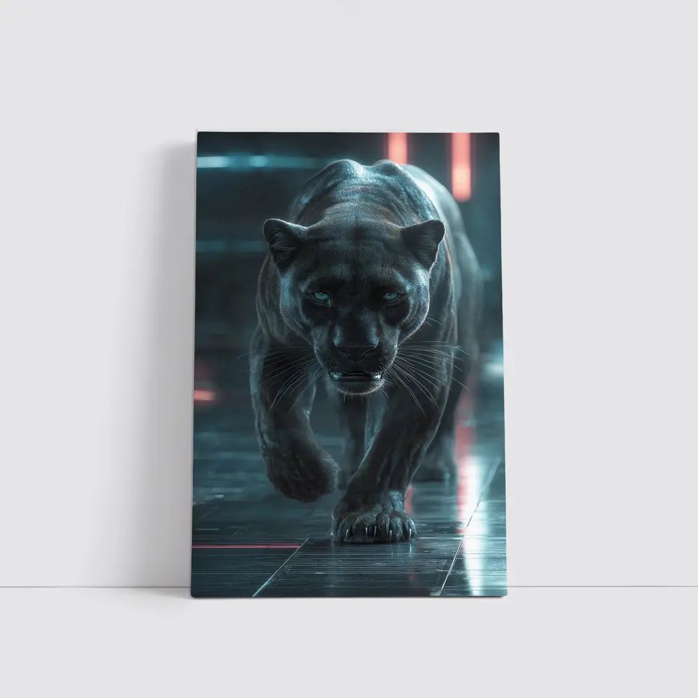 Black Panther Walking Futuristic Neon Environment – Wall Art