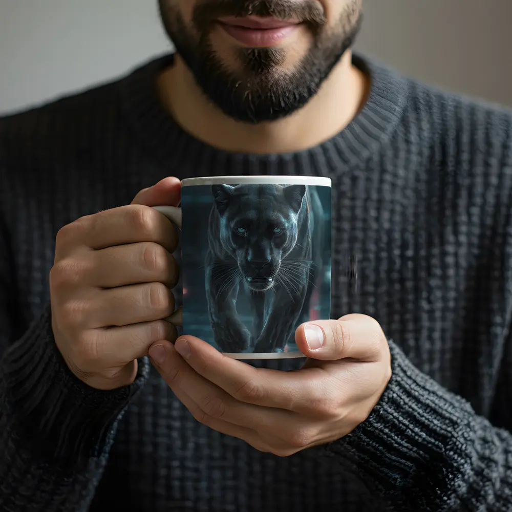 Black Panther Walking Futuristic Neon Environment – Mugs