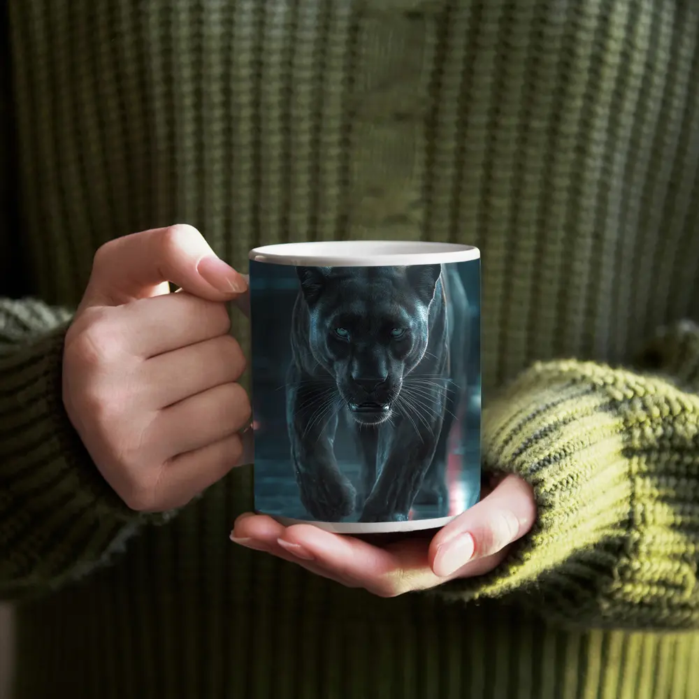 Black Panther Walking Futuristic Neon Environment – Mugs