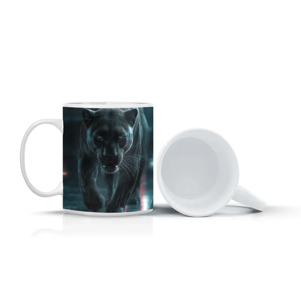 Black Panther Walking Futuristic Neon Environment – Mugs