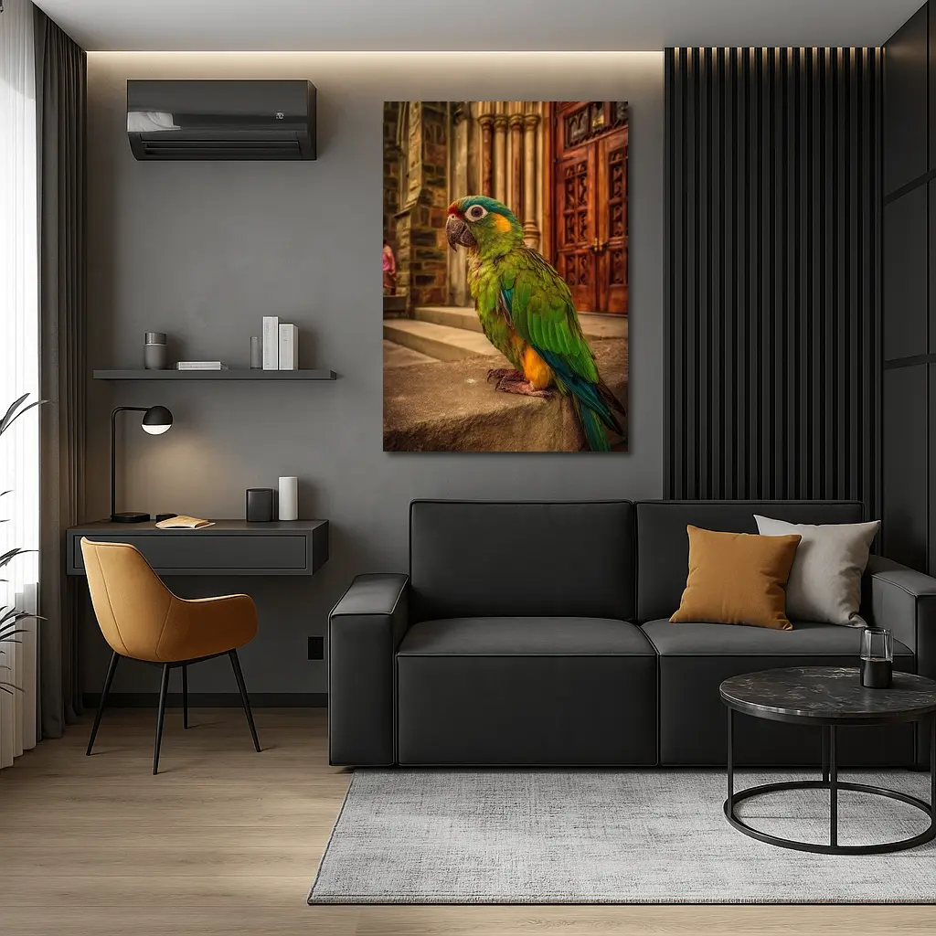 Green Parrot Perched Outside Stone Cathedral – Wall Art