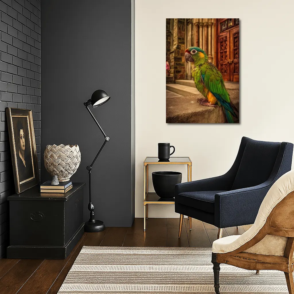 Green Parrot Perched Outside Stone Cathedral – Wall Art
