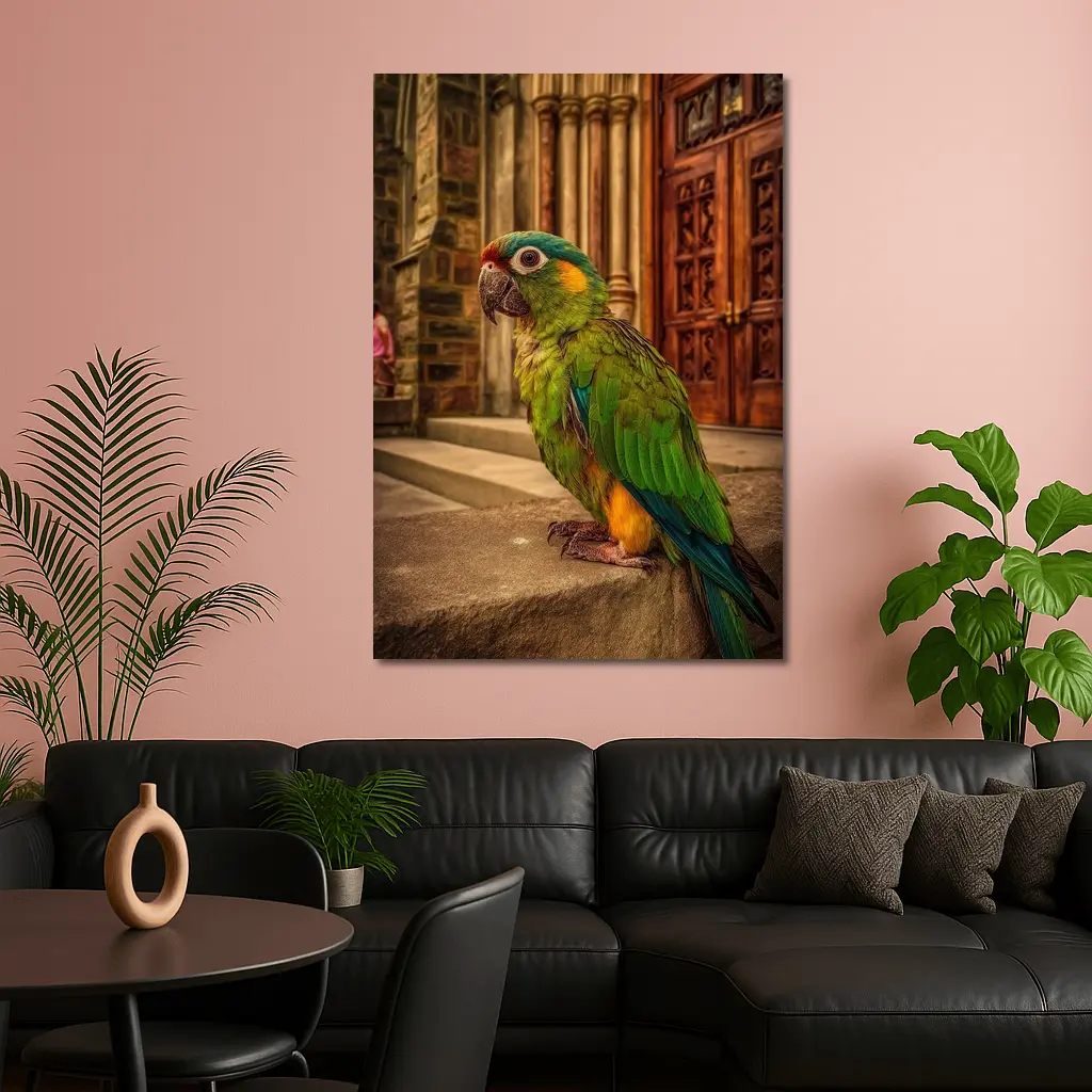 Green Parrot Perched Outside Stone Cathedral – Wall Art
