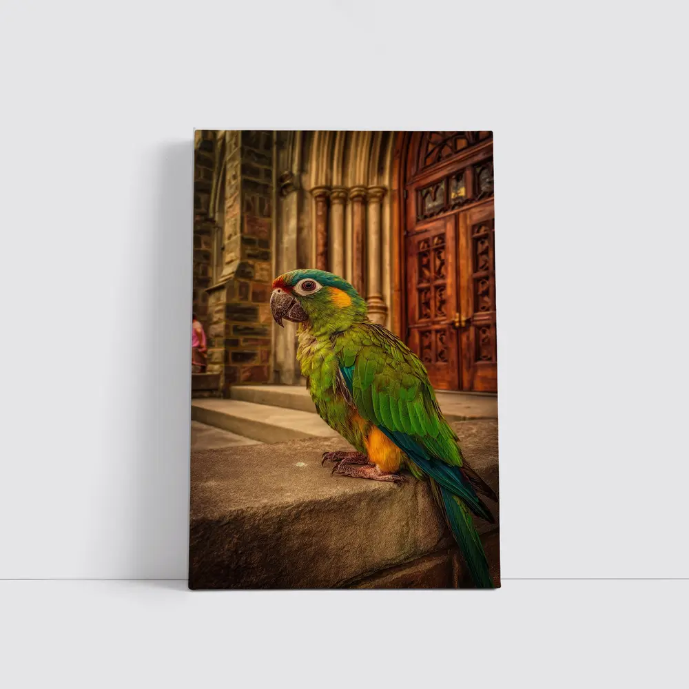 Green Parrot Perched Outside Stone Cathedral – Wall Art
