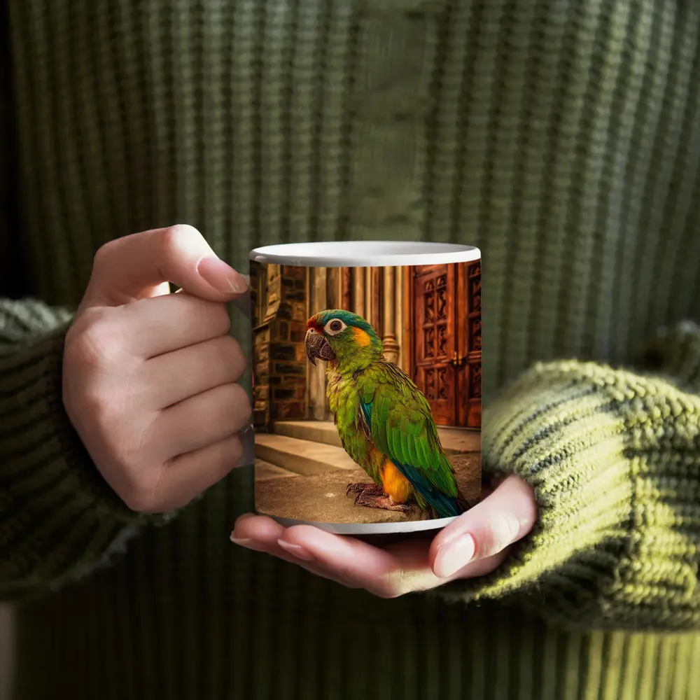 Green Parrot Perched Outside Stone Cathedral – Mugs