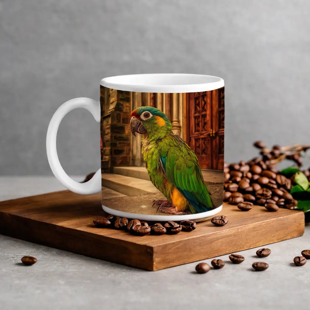 Green Parrot Perched Outside Stone Cathedral – Mugs