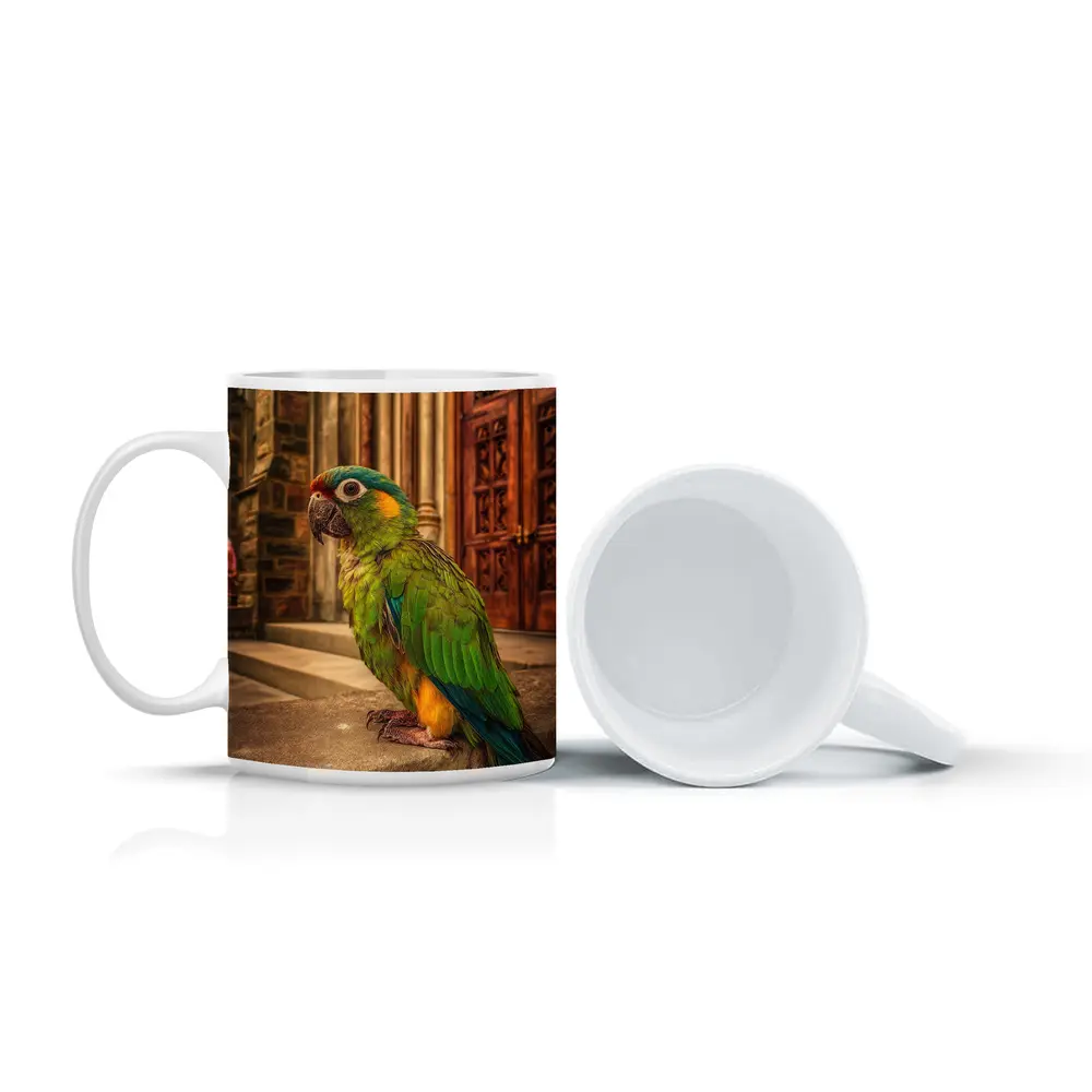 Green Parrot Perched Outside Stone Cathedral – Mugs