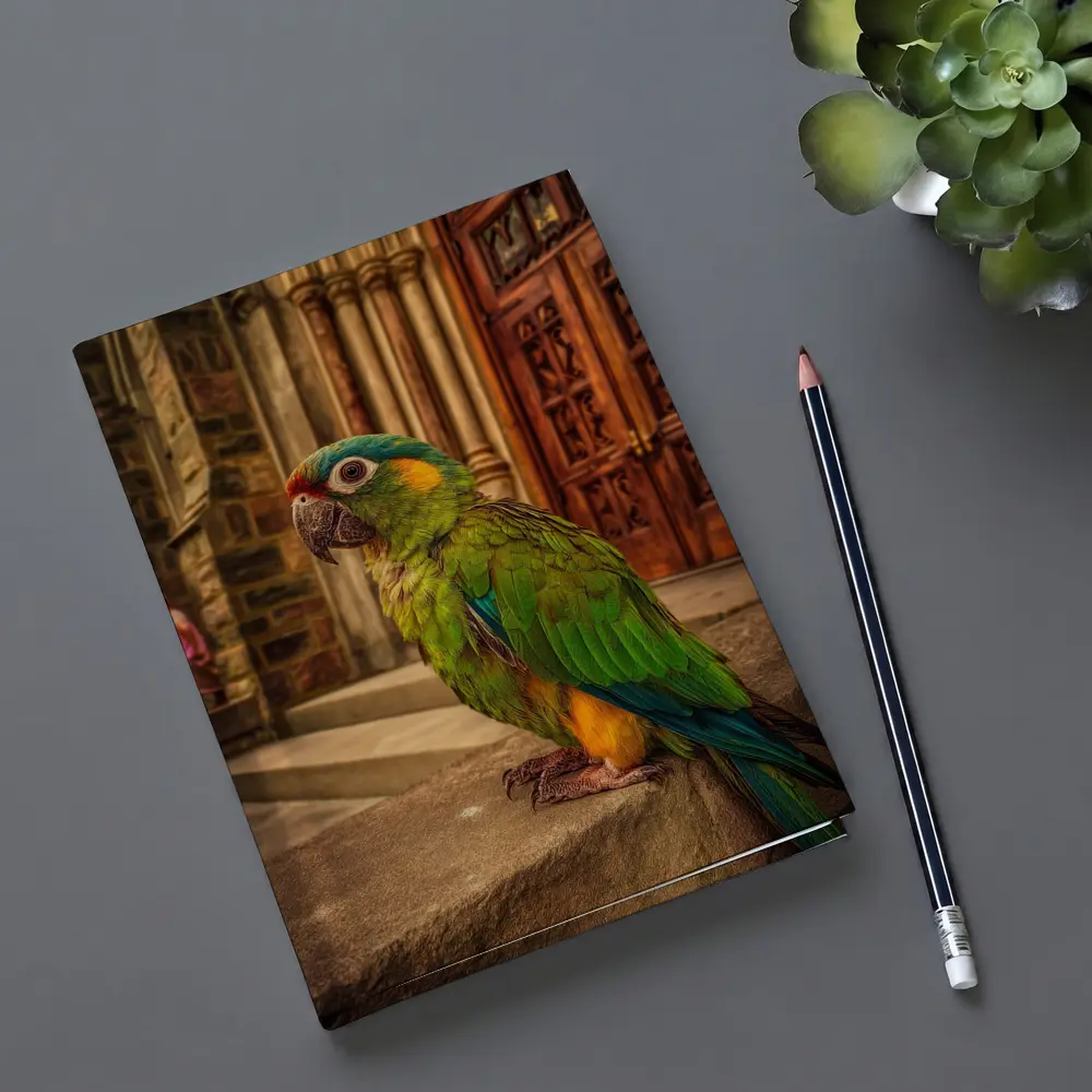 Green Parrot Perched Outside Stone Cathedral – Notebooks