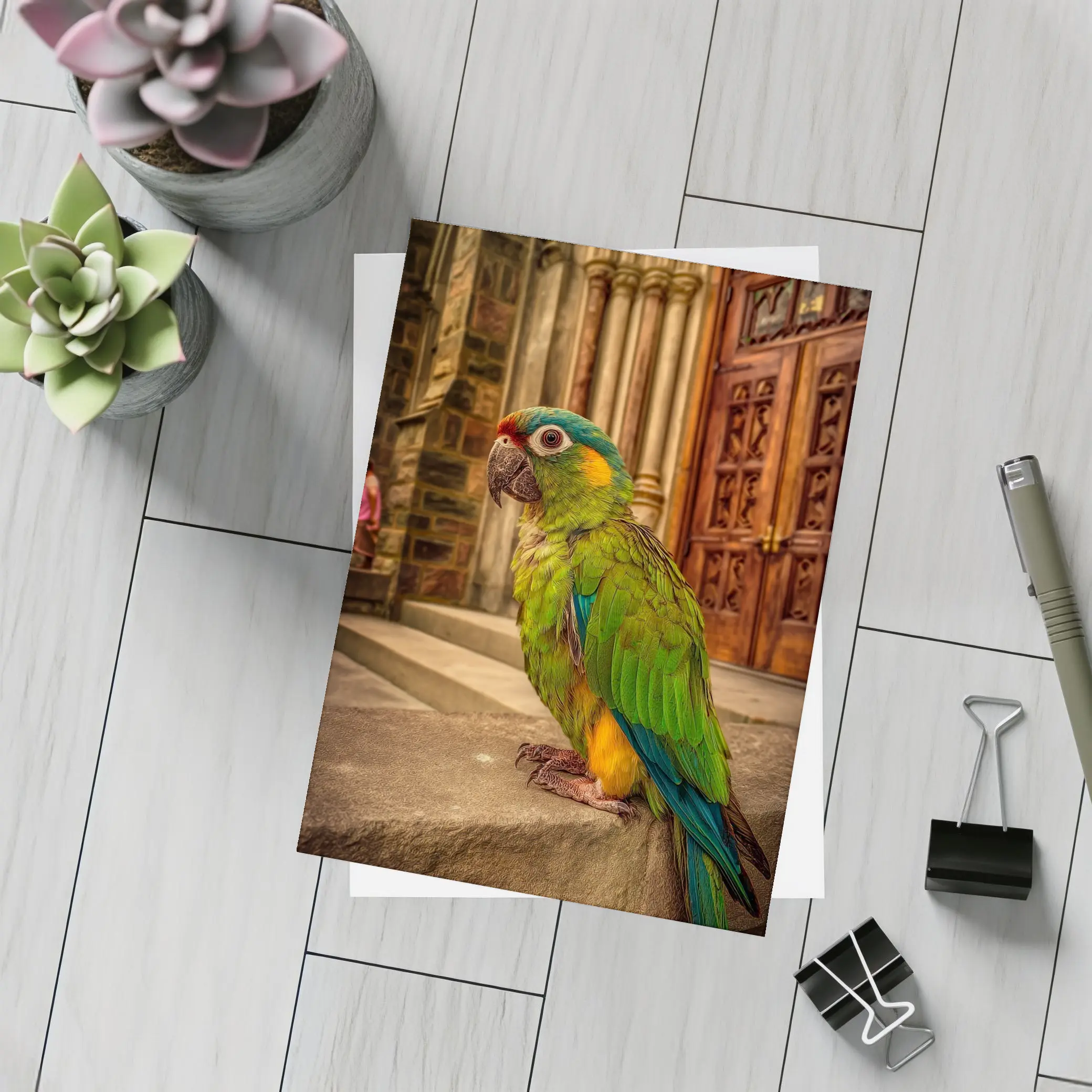 Green Parrot Perched Outside Stone Cathedral – Postcards
