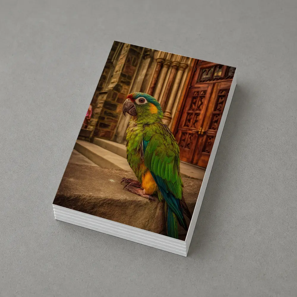 Green Parrot Perched Outside Stone Cathedral – Postcards