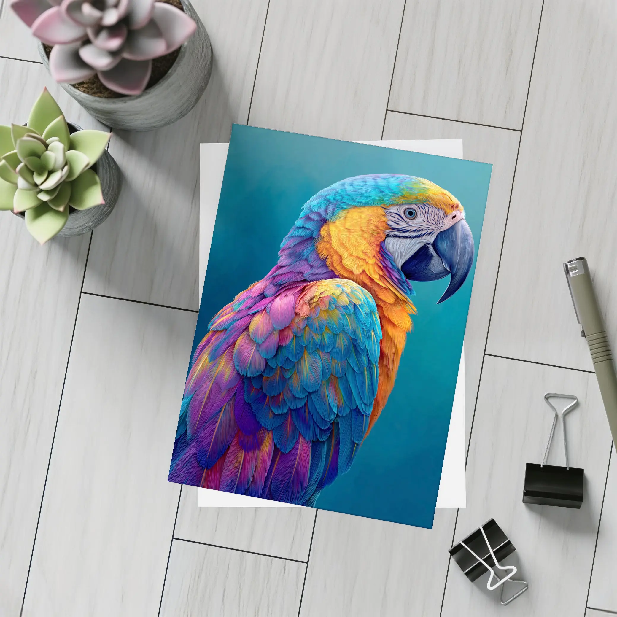 Colorful Macaw Parrot On Teal Background – Postcards