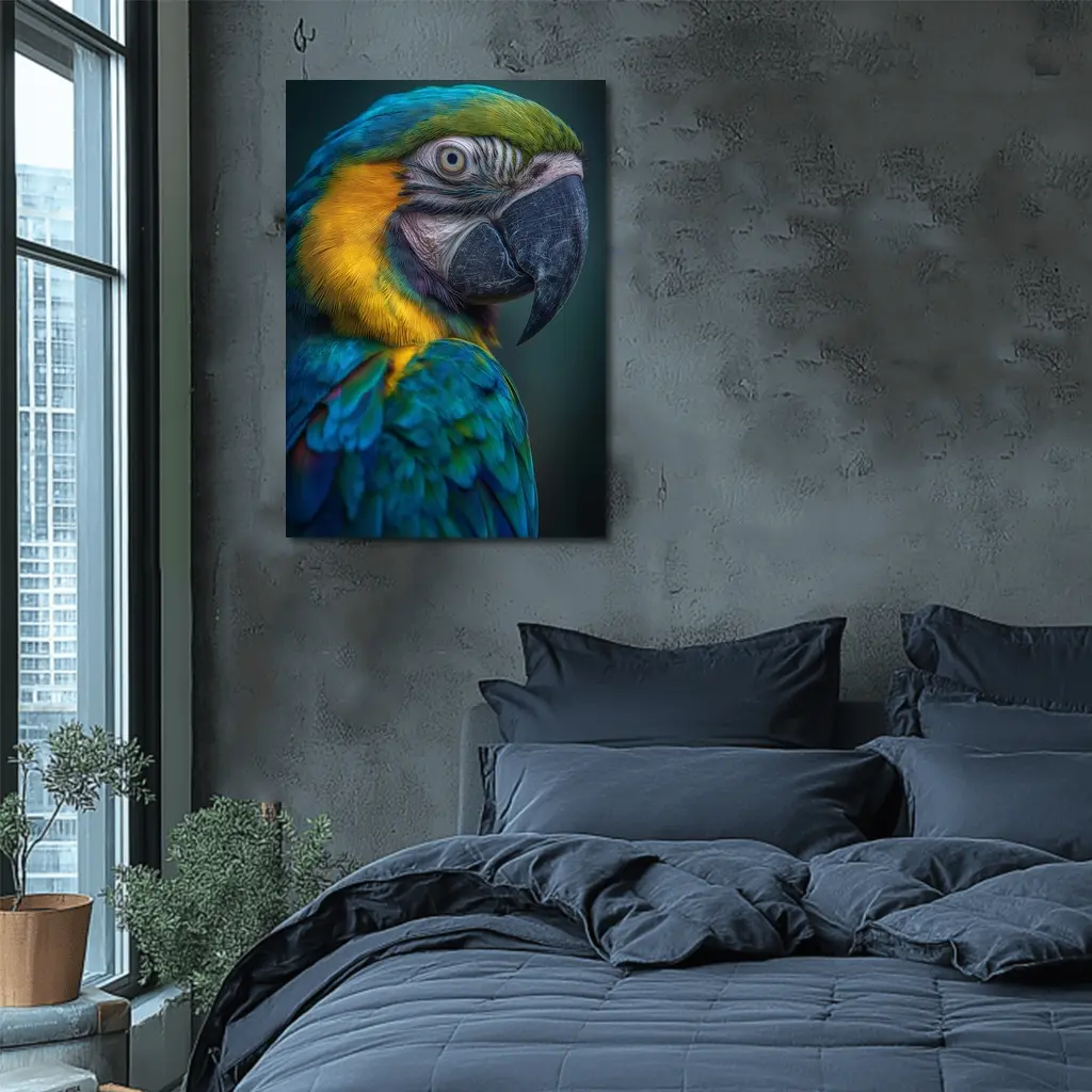 Blue Yellow Macaw Parrot Dark Background – Wall Art