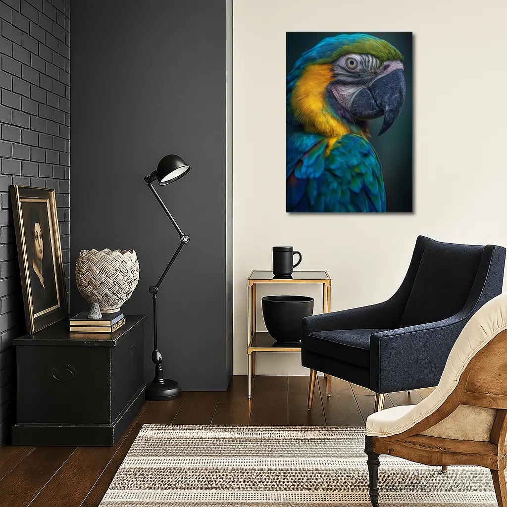 Blue Yellow Macaw Parrot Dark Background – Wall Art
