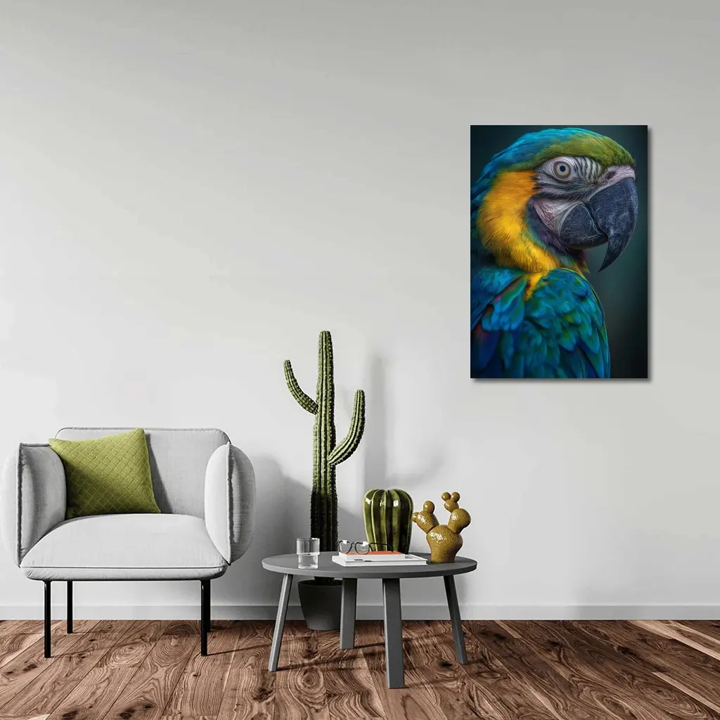Blue Yellow Macaw Parrot Dark Background – Wall Art