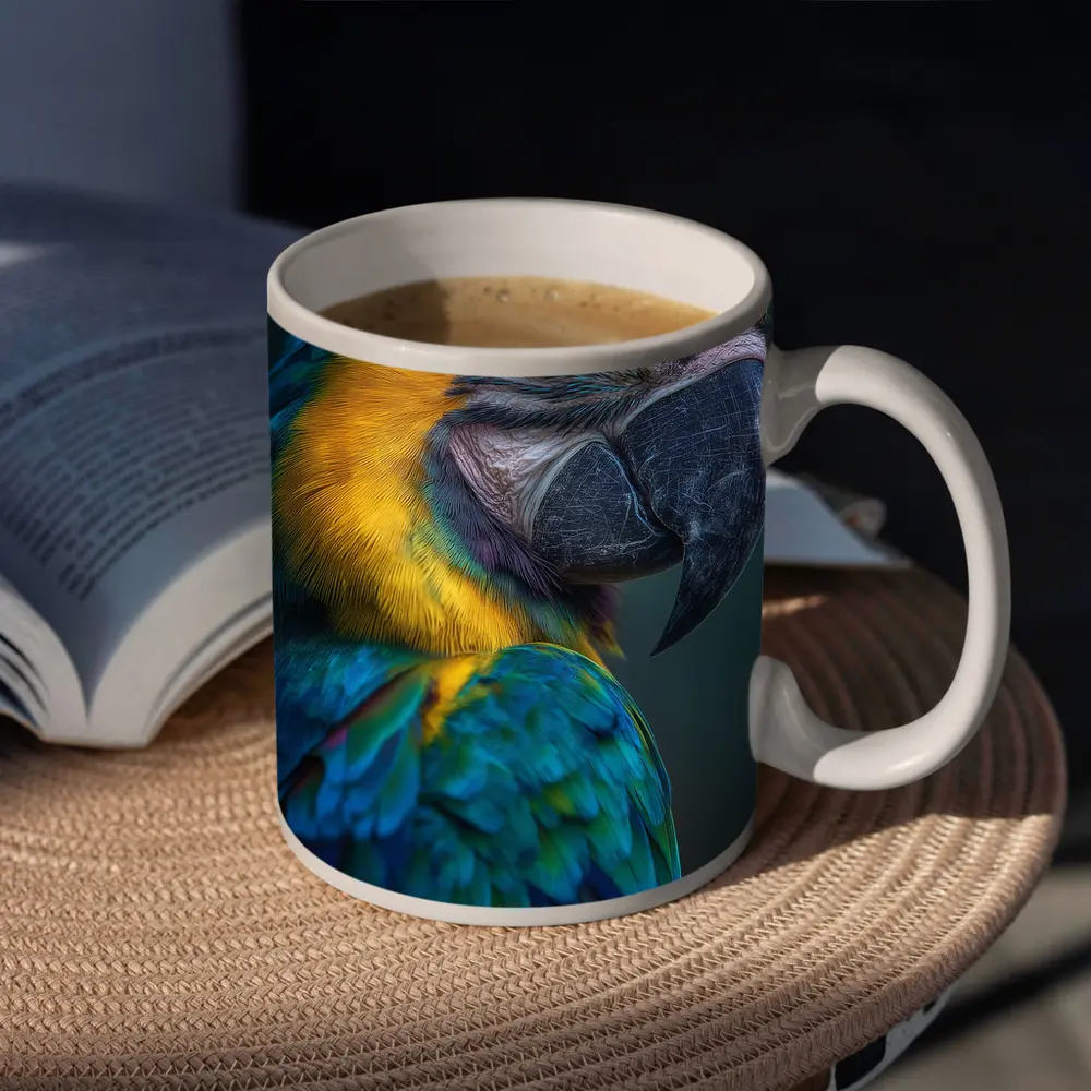 Blue Yellow Macaw Parrot Dark Background – Mugs