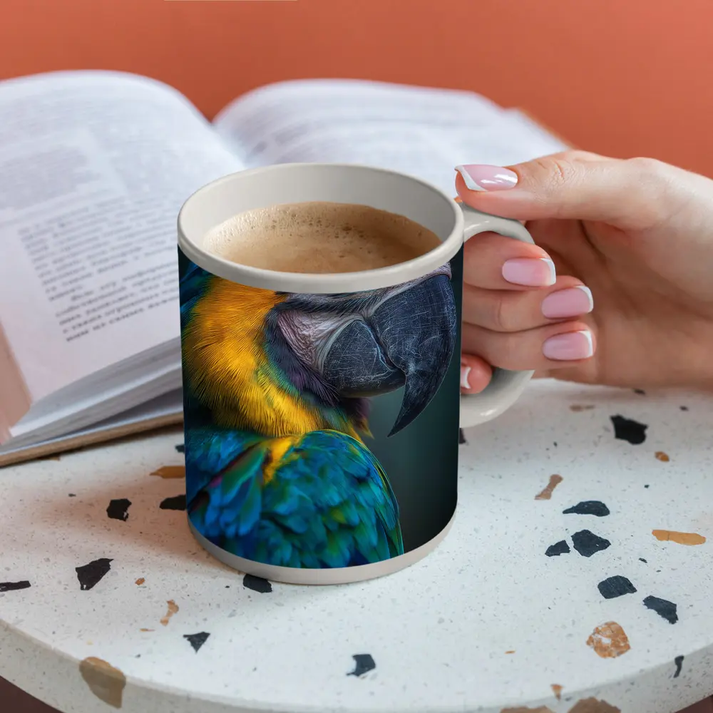 Blue Yellow Macaw Parrot Dark Background – Mugs