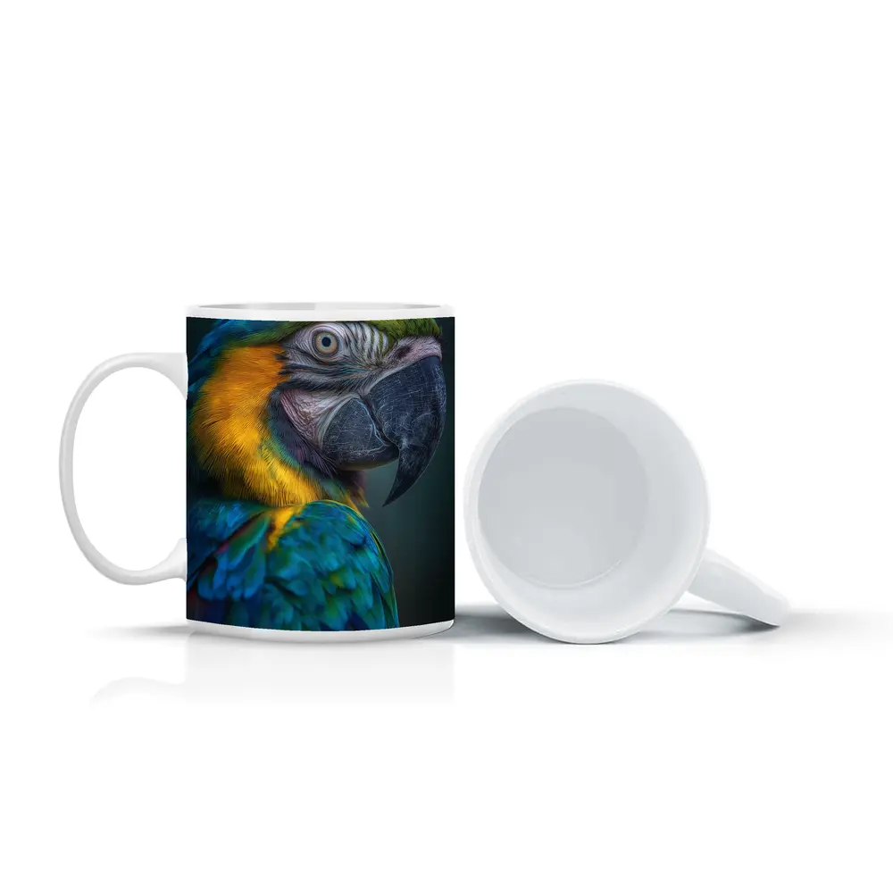 Blue Yellow Macaw Parrot Dark Background – Mugs