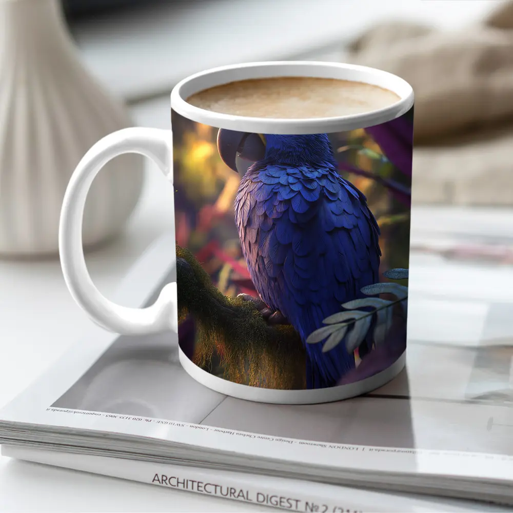 Hyacinth Macaw Perched In Tropical Jungle – Mugs