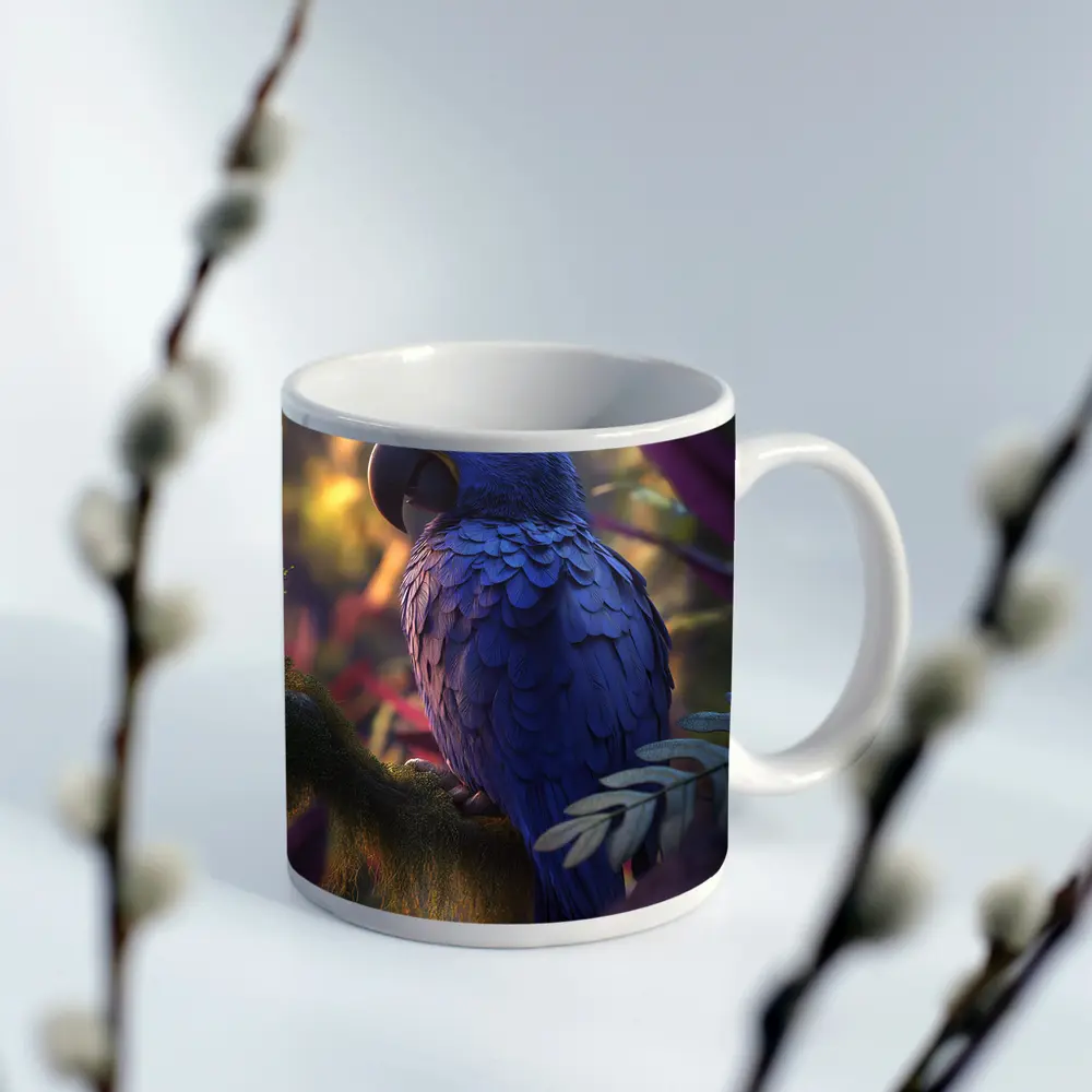 Hyacinth Macaw Perched In Tropical Jungle – Mugs