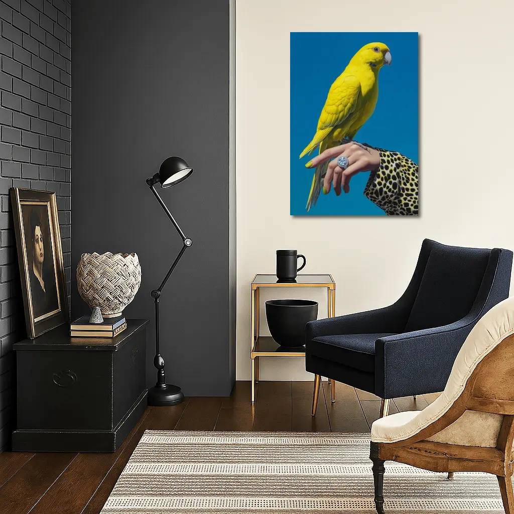 Yellow Parrot on Hand Blue Background – Wall Art