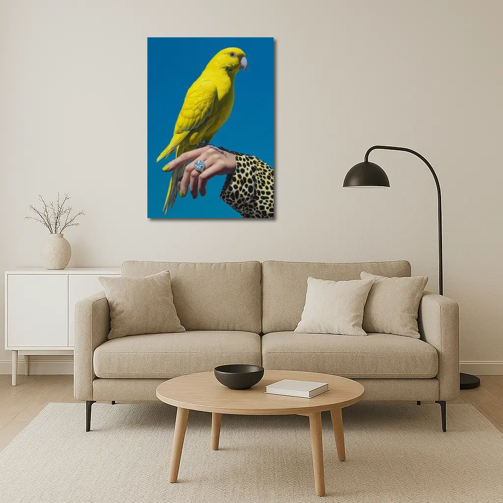 Yellow Parrot on Hand Blue Background – Wall Art