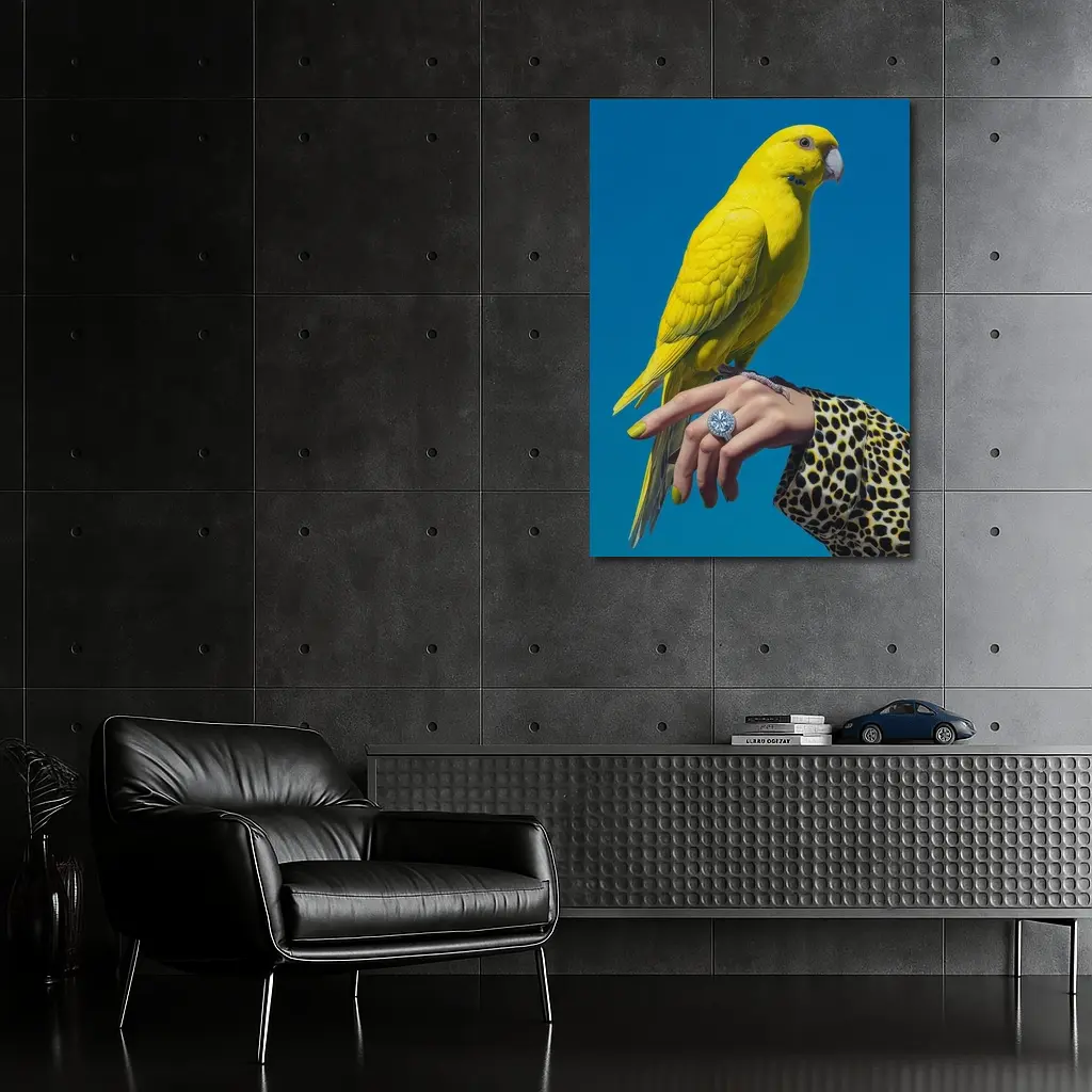 Yellow Parrot on Hand Blue Background – Wall Art