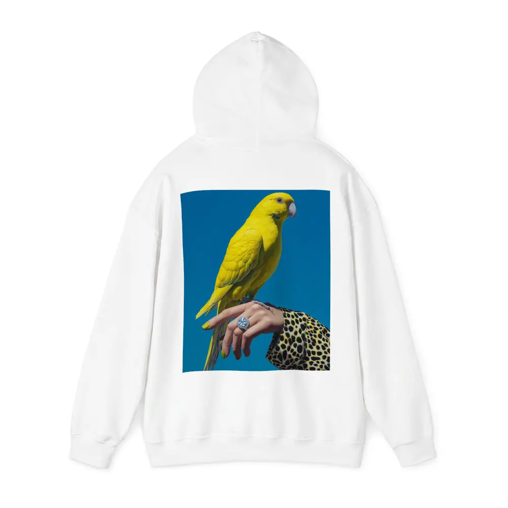 Yellow Parrot on Hand Blue Background – Hoodies