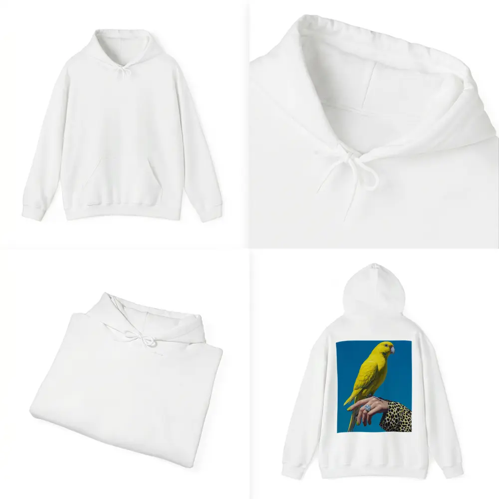 Yellow Parrot on Hand Blue Background – Hoodies