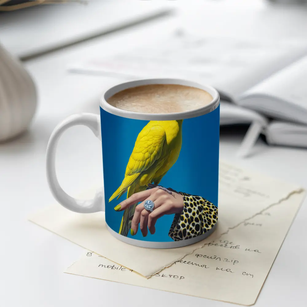 Yellow Parrot on Hand Blue Background – Mugs