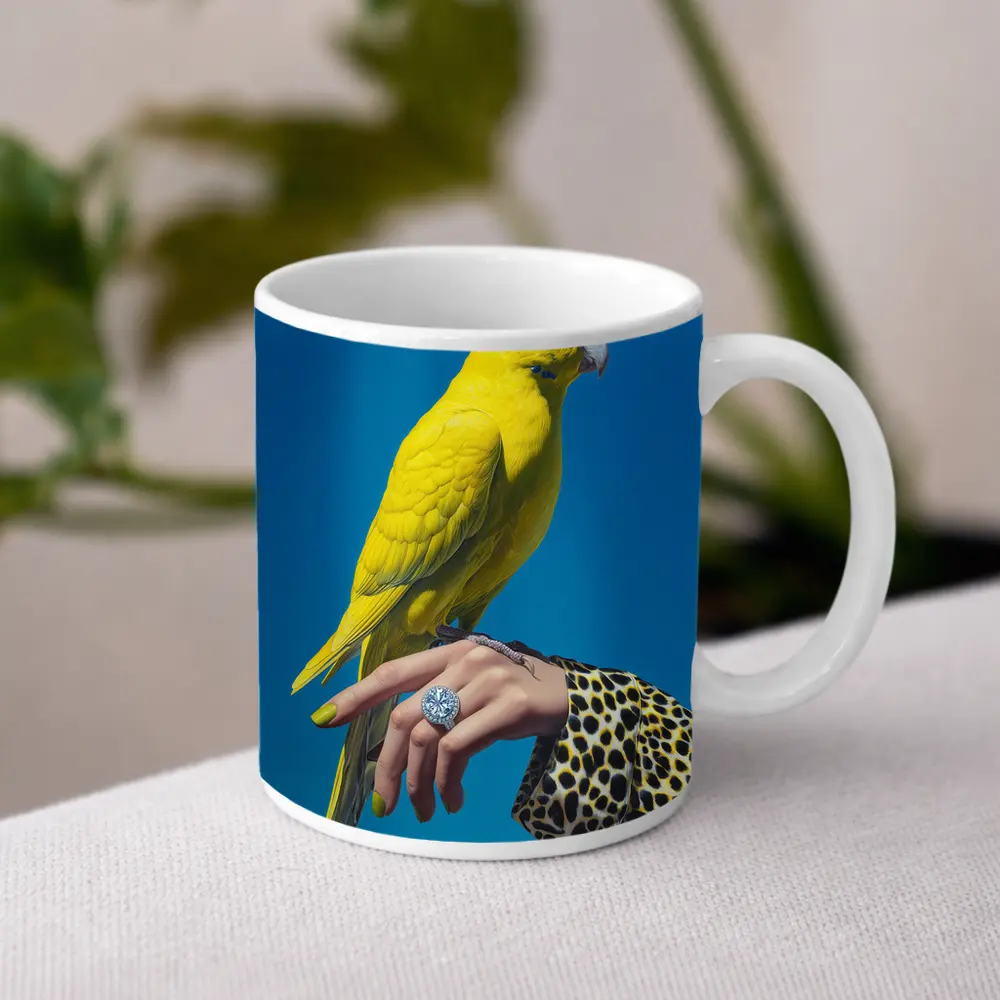 Yellow Parrot on Hand Blue Background – Mugs