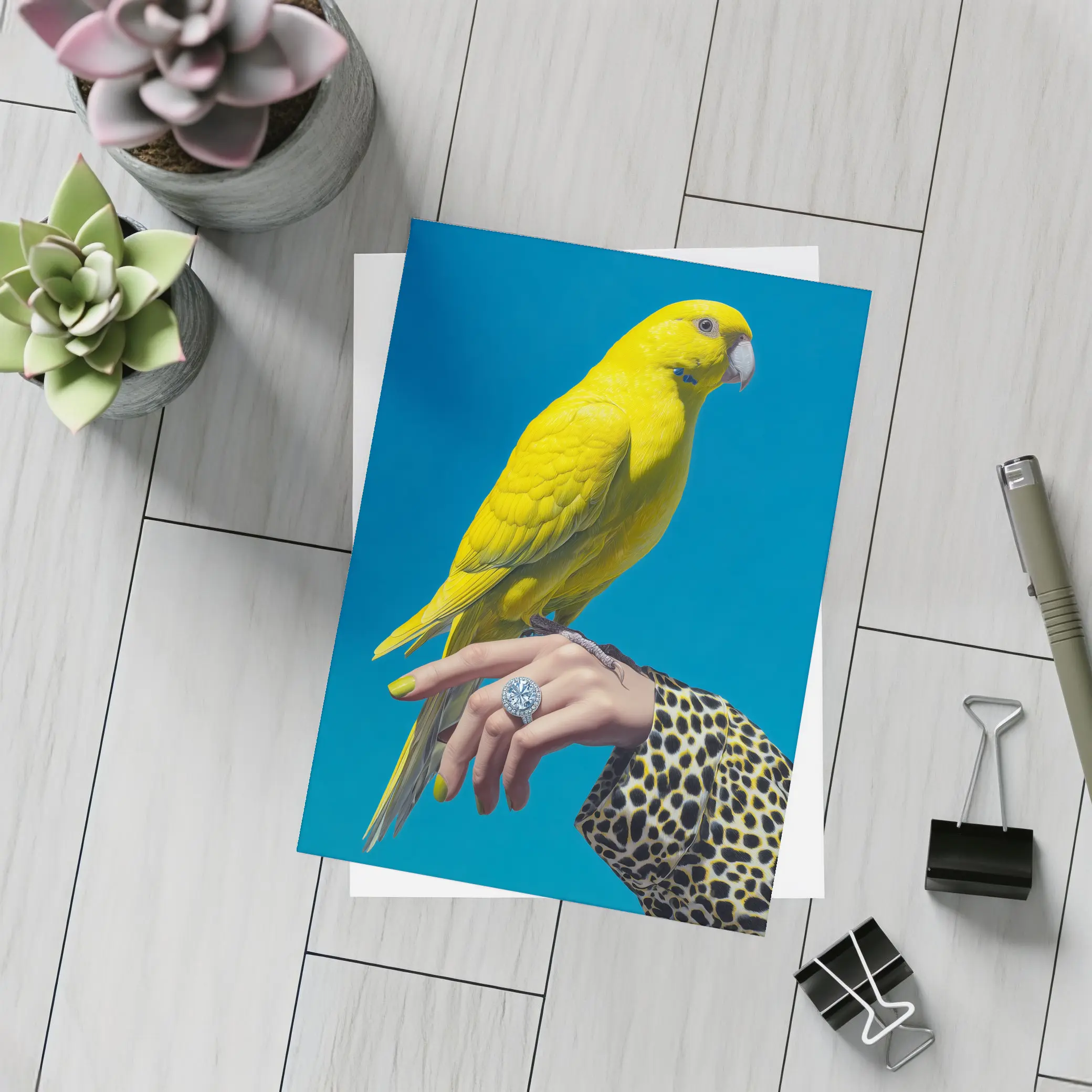 Yellow Parrot on Hand Blue Background – Postcards