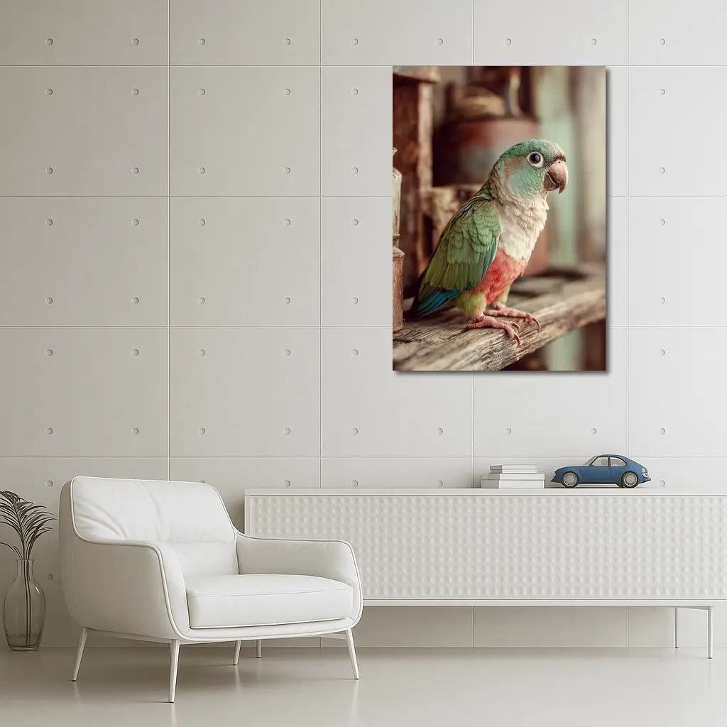 Green Parrot Perched on Rustic Wooden Shelf – Wall Art