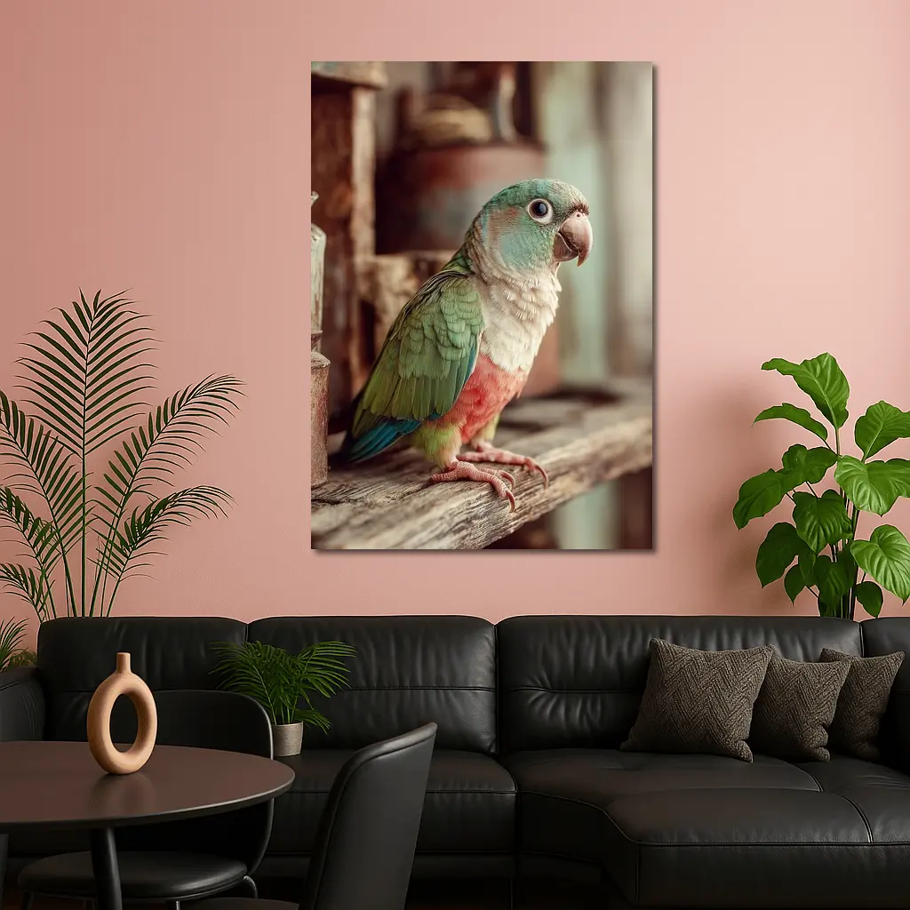 Green Parrot Perched on Rustic Wooden Shelf – Wall Art
