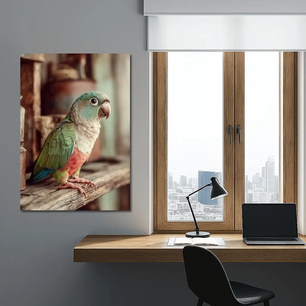 Green Parrot Perched on Rustic Wooden Shelf – Wall Art