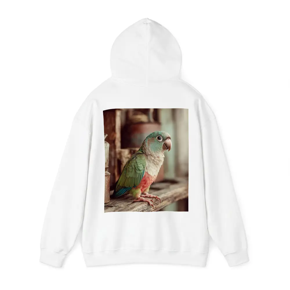 Green Parrot Perched on Rustic Wooden Shelf – Hoodies