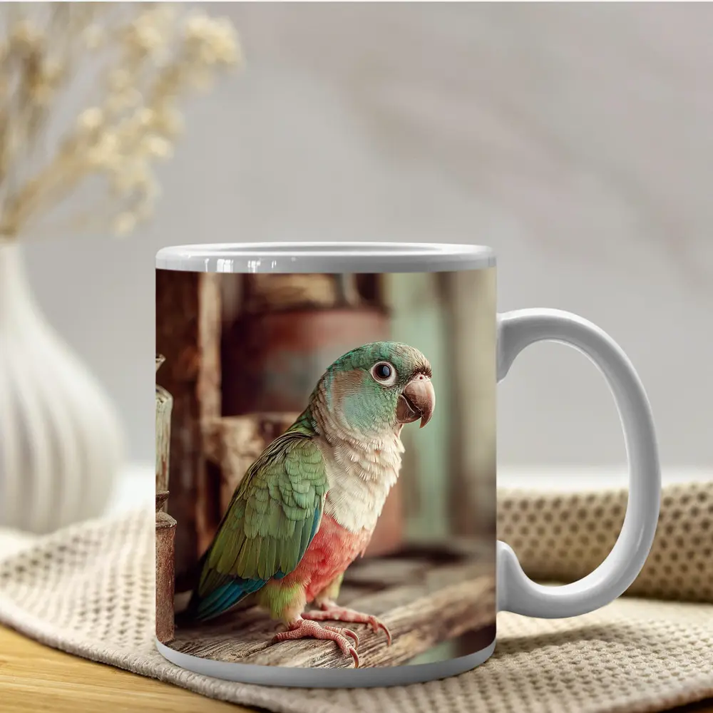 Green Parrot Perched on Rustic Wooden Shelf – Mugs