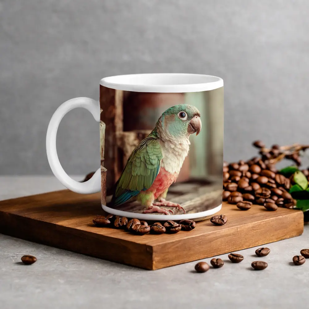 Green Parrot Perched on Rustic Wooden Shelf – Mugs
