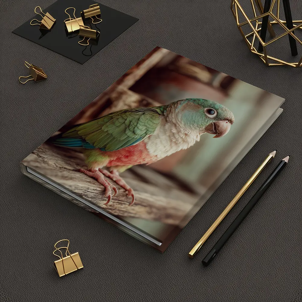 Green Parrot Perched on Rustic Wooden Shelf – Notebooks