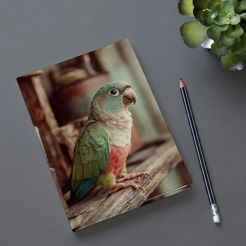 Green Parrot Perched on Rustic Wooden Shelf – Notebooks