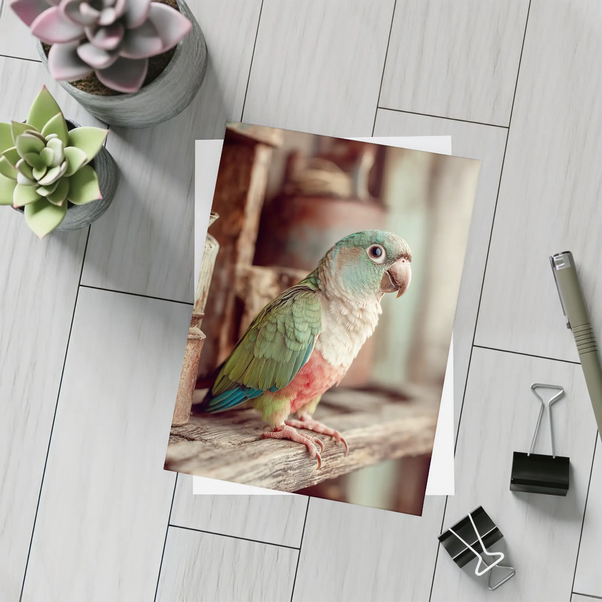 Green Parrot Perched on Rustic Wooden Shelf – Postcards