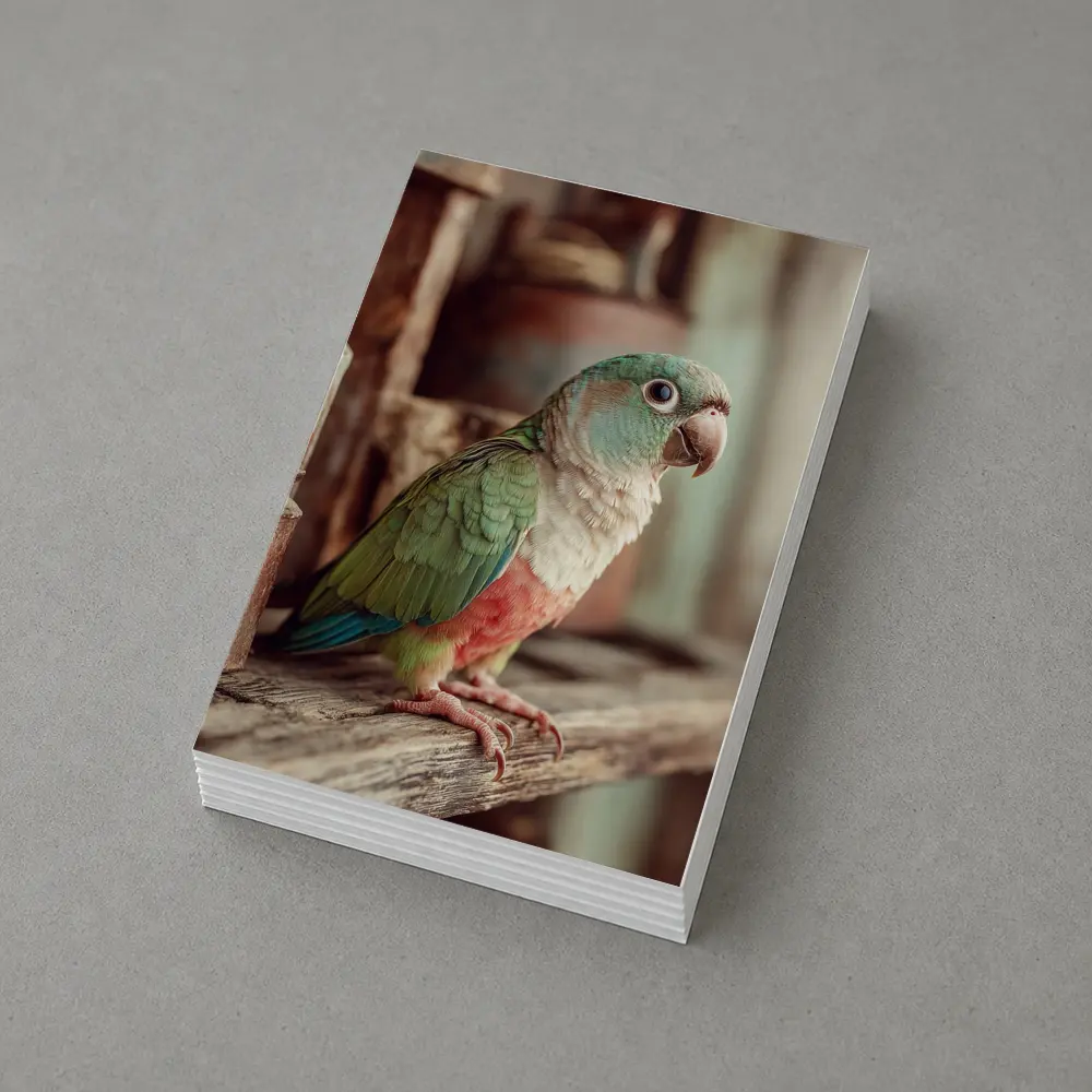 Green Parrot Perched on Rustic Wooden Shelf – Postcards