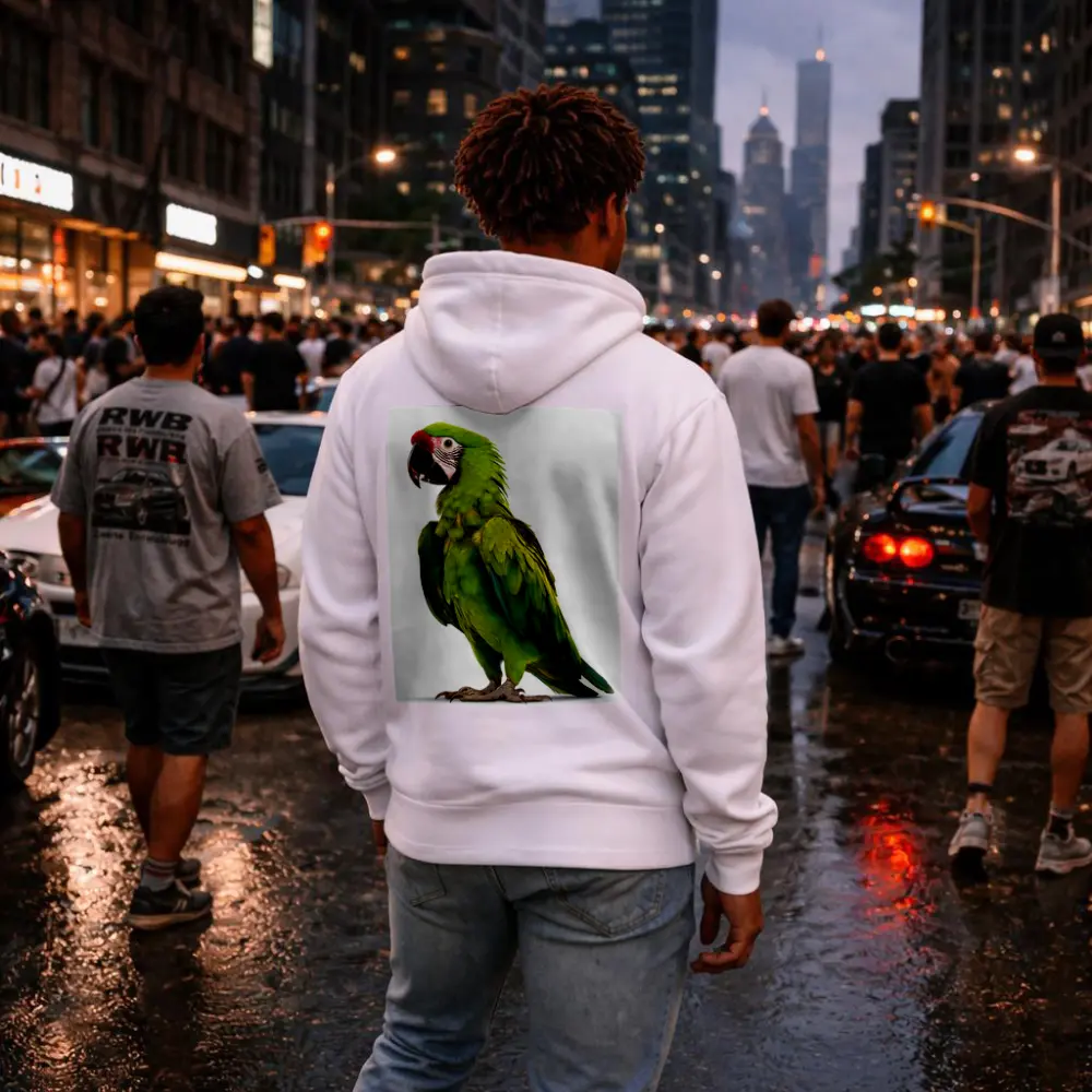 Green Military Macaw Parrot White Background – Hoodies